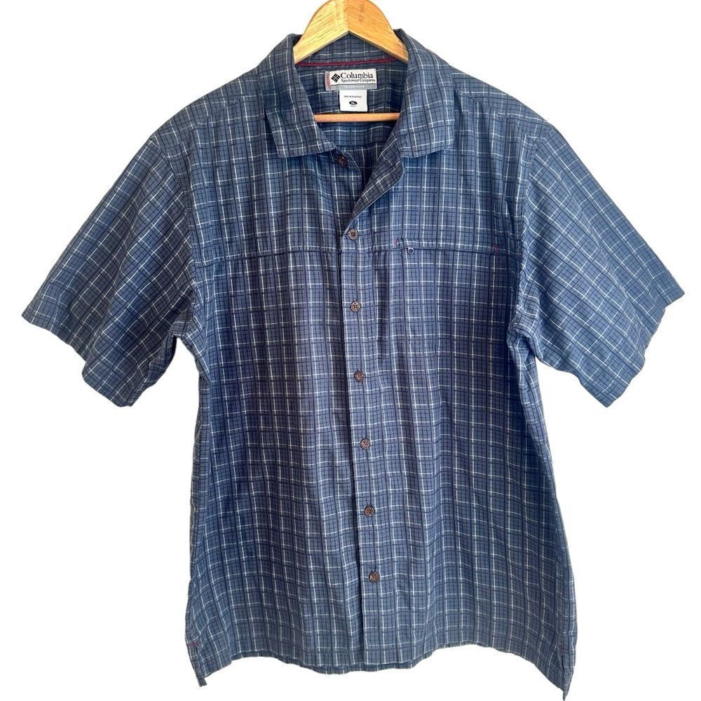 Columbia Men's Navy Blue Checkered Short Sleeve Button Down Casual Shirt Size XL